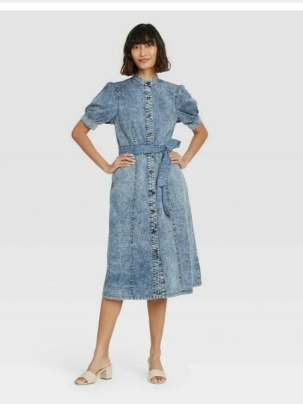 Who What Wear Acid Wash Denim Puff Sleeve Midi Dress XL Button Down Belted - Picture 6 of 6